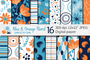 Blue and Orange Floral Seamless Patterns